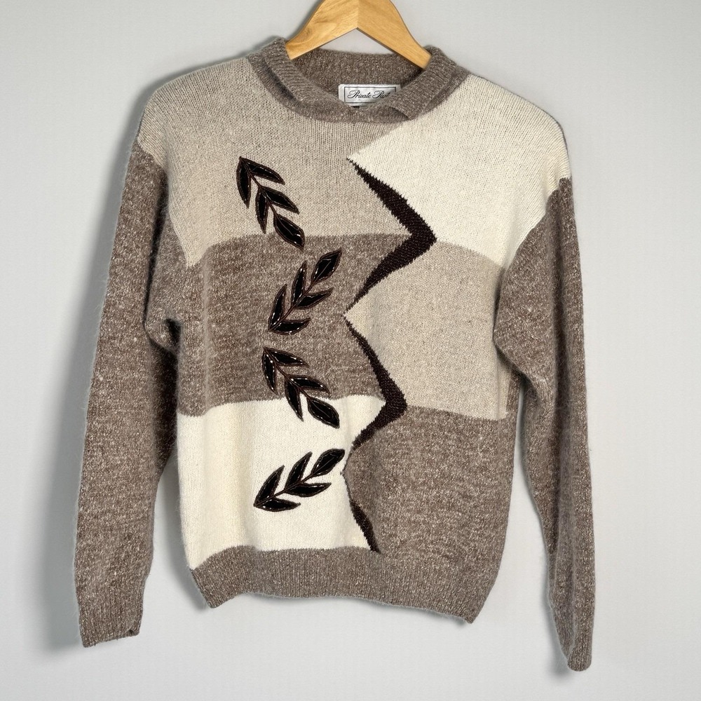 Vtg Private Party Silk Angora Blend Colorblock Sweater S/M Geometric‎ Minimalist